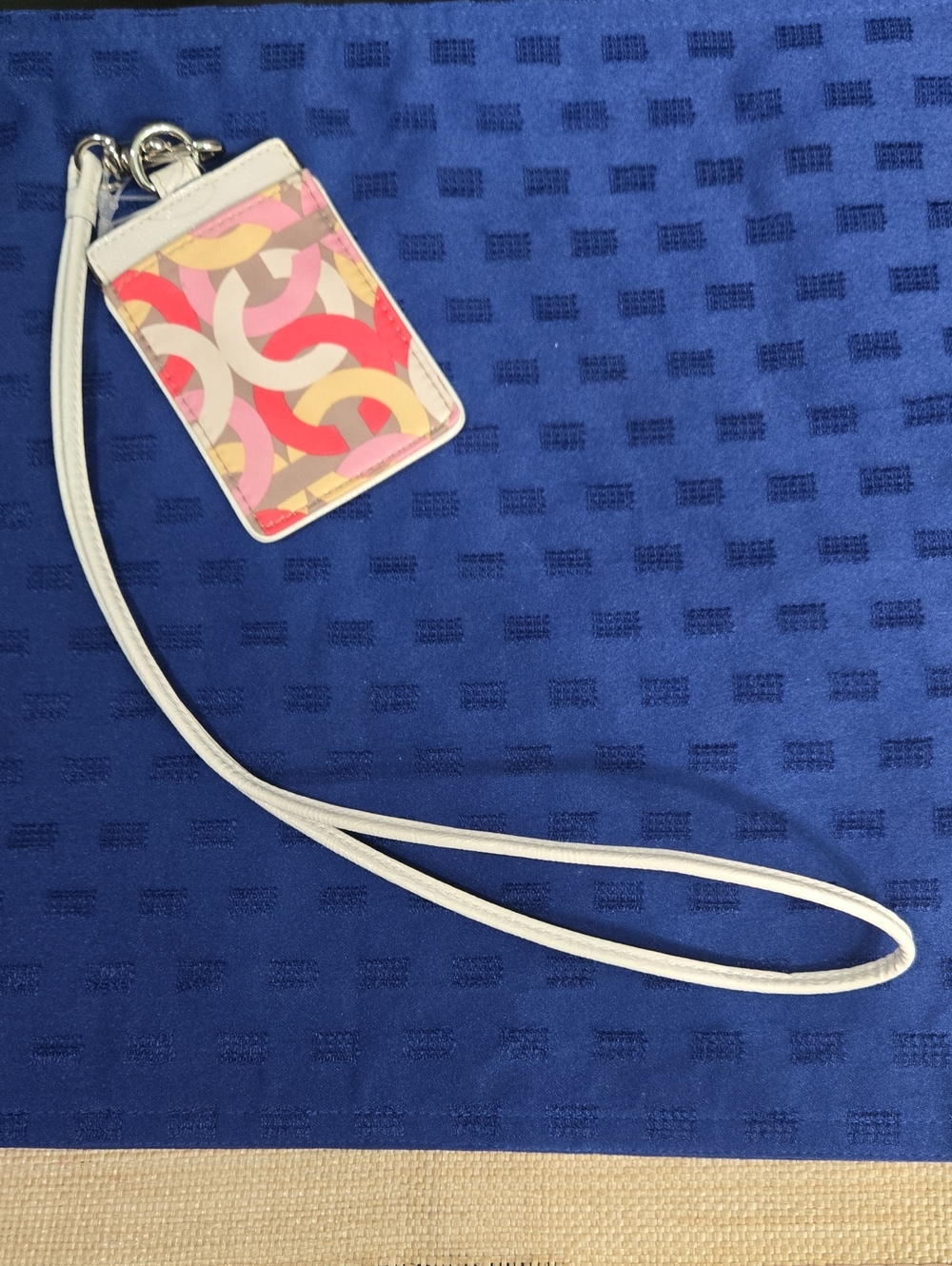 Coach White Lanyard Card Holder with Pink, Yellow and Beige Graphic Print